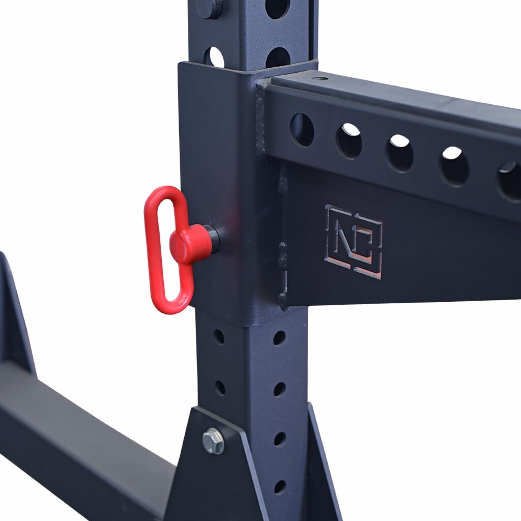 NC Fitness logo on black powder coated steel half Power Rack