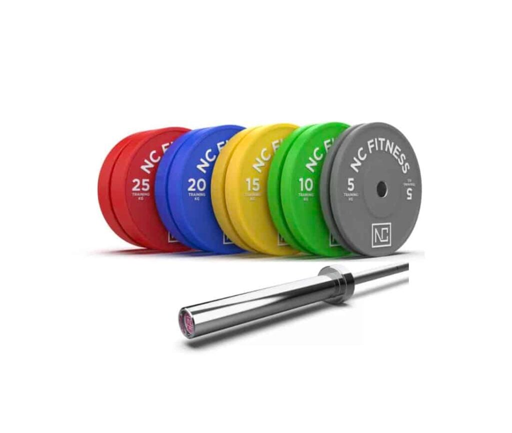 150kg Coloured Olympic Bumper Plates and 15kg Hard Chrome Barbell