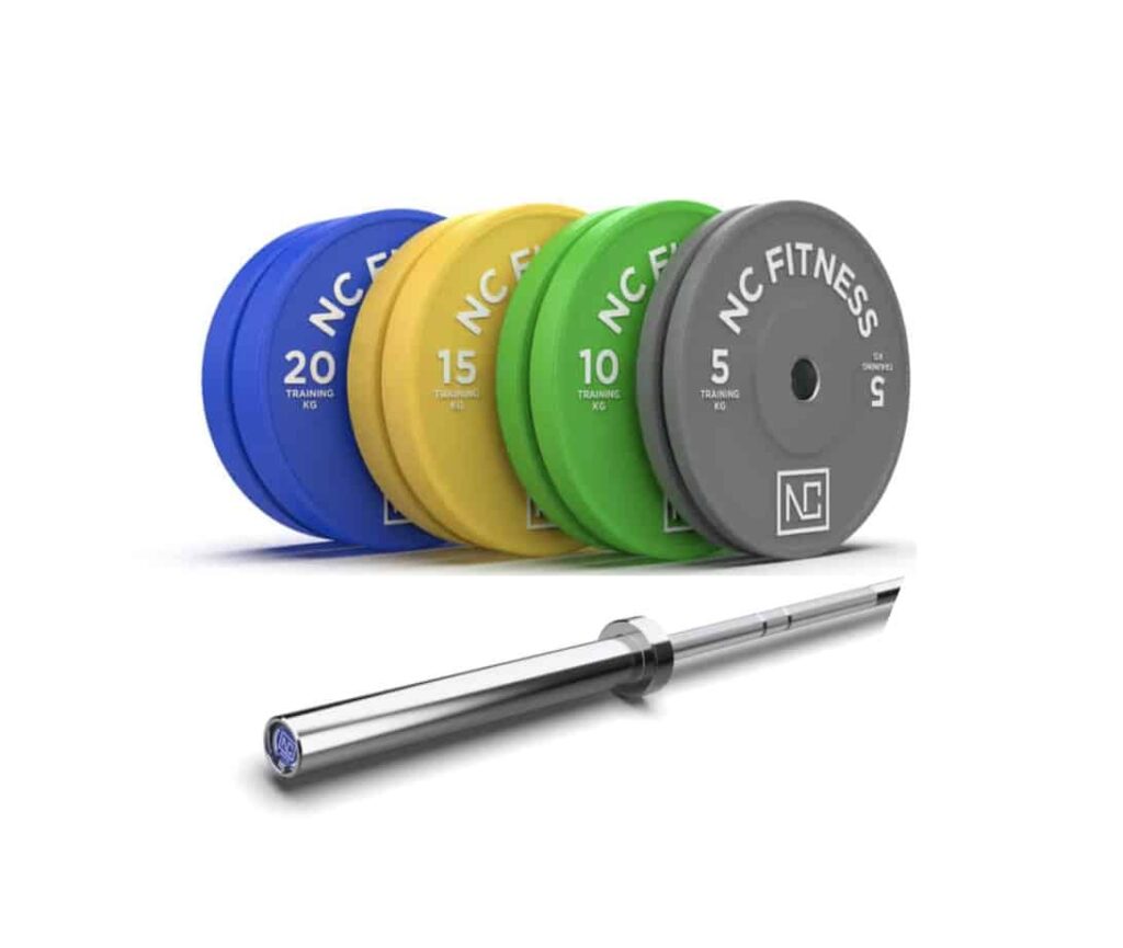 Bumper Plates Coloured Set + Hard Chrome Bar, 20KG Bar + 100KG SET