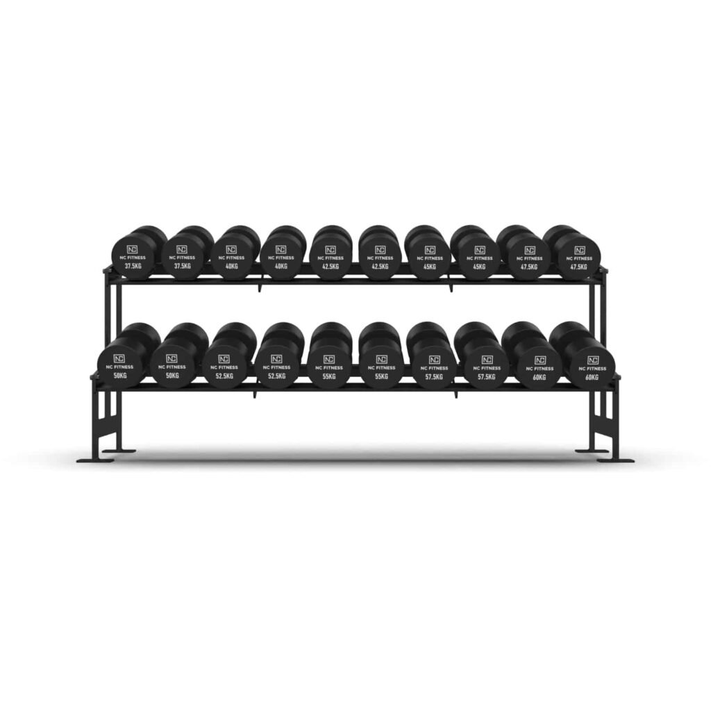 NC Commercial grade black PU Dumbbell Set shown setup on a rack