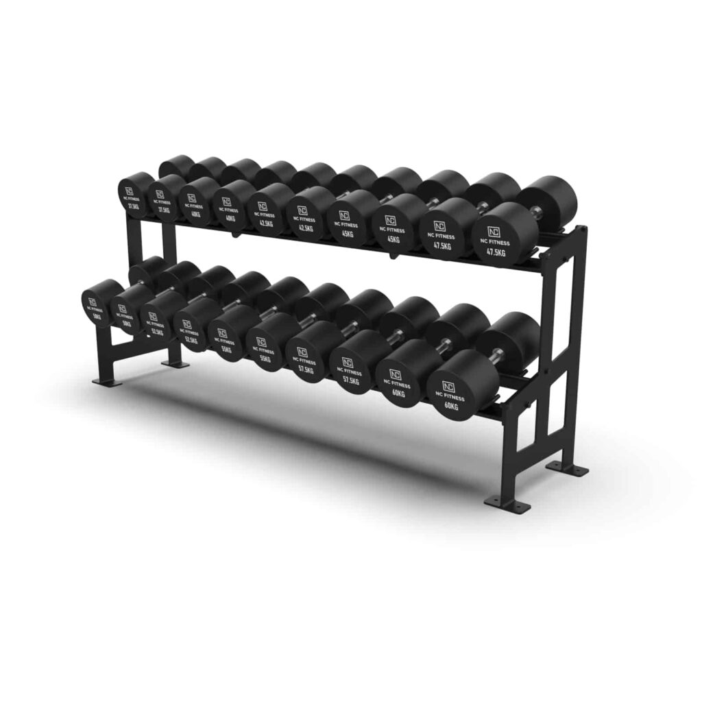 NC Fitness Melbourne Commercial grade black PU Dumbbell Set shown setup on a rack