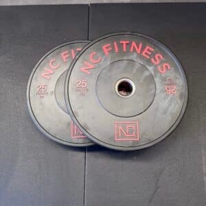 Bumper Plate 2 X 25kg Black Rubber with Colour Print **has white marks** - Showroom Stock